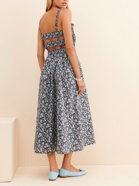 English Factory Smocked Floral Midi Dress in Black and Lilac Small